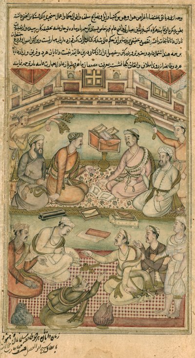 Hindu- und muslimische Gelehrte übersetzen das Mahabharata aus dem Sanskrit ins Persische, aus "The Raznama", 1598-99 von Persian School